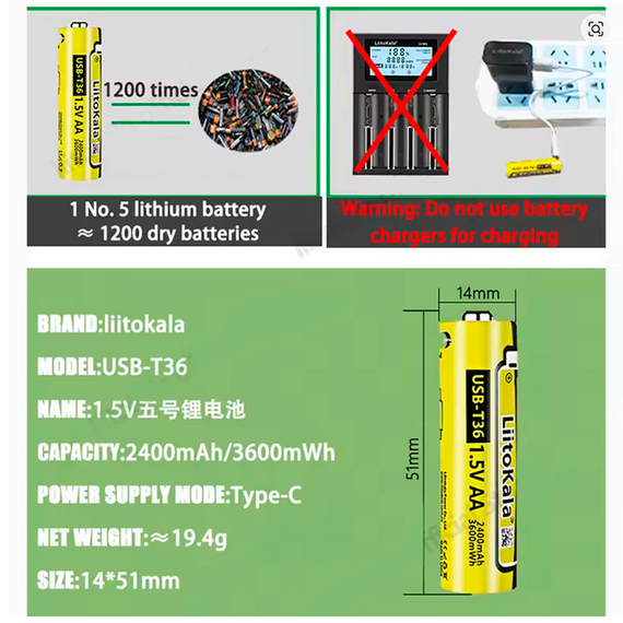 Аккумулятор AA LiitoKala USB-T36 1.5V, 2400 мАч | Зображення 3