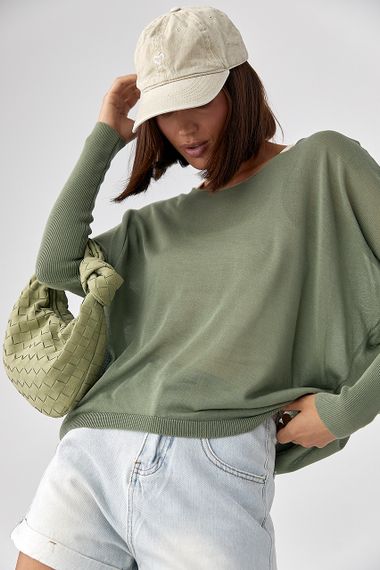 Джемпер вільного крою з необробленою горловиною - хакі цвет, ONE SIZE (є розміри) | Зображення 4