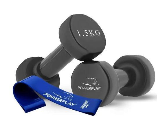 Гантелі вінілові PowerPlay 2 * 1,5 кг PP_4121 Чорні 2 шт + Гумка для фітнесу 7,5кг (PP_4121_2*1,5kg)