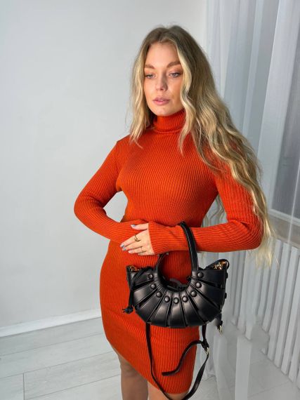 Женское вязаное платье-гольф в обтяжку теплое NO6599 размер единый 42-50 цвет кирпичный | Зображення 1