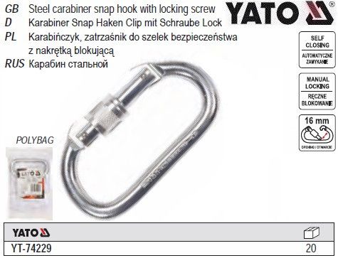 Карабін сталевий автозамикаючий зазор блокування 16 мм 115х55 мм YATO Польща YT-74229