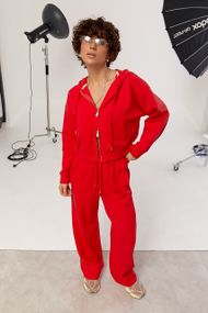 Спортивний костюм в дрібний рубчик з прямими штанами та худі на блискавці - червоний цвет, L (є розміри)
