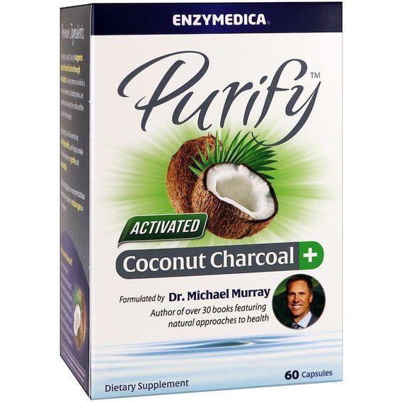 Покращення роботи кішківника Enzymedica Purify, Activated Coconut Charcoal+ 60 Caps ENZ-10065