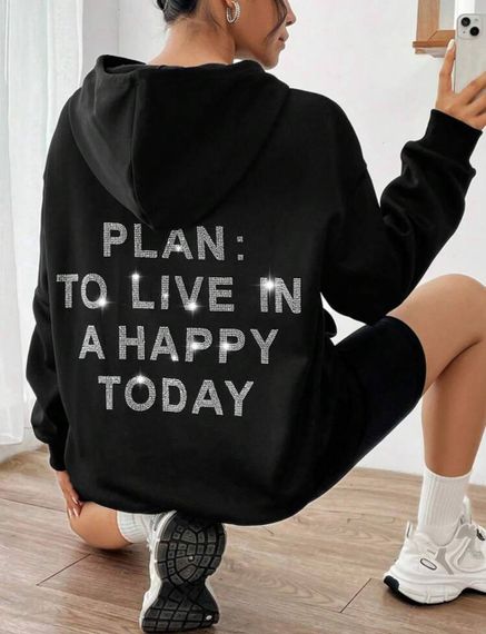 Женское теплое худи оверсайз со стразами на спине, RO121, цвет черный, размер 42/46 | Зображення 1