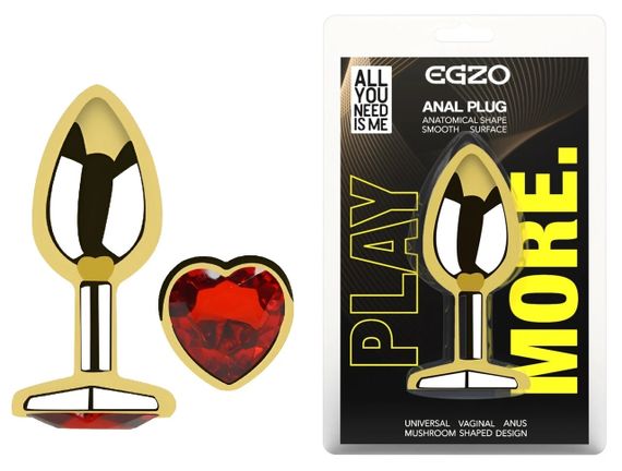 Анальна пробка EGZO Gold Heart Plug M з червоним кристалом, метал, 82 мм Sex Aura | Зображення 4