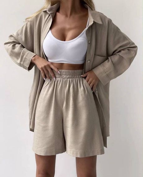 Женский летний костюм рубашка и шорты BF167 цвет бежевый, оверсайз 48/50