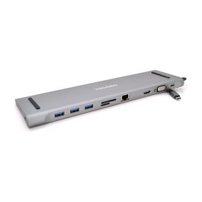 Хаб-конвертор VEGGIEG TC10 Type-C (тато) на Type-C (мама) + USB3.0 * 3 (мама) + HDMI (мама) + VGA (мама) + jack3.5 (мама) + SD / TF + RJ45, 10 см, Silver, Box