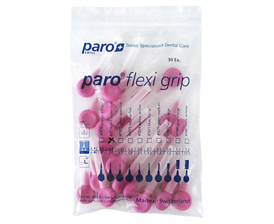 Міжзубні щітки paro® FLEXI-GRIP, супер-тонкі, екстра-м’які,рожеві, циліндричні (Ø щітки 2.0 мм, ДОО* 0.6 мм), 1уп. х 30 шт. | Зображення 1