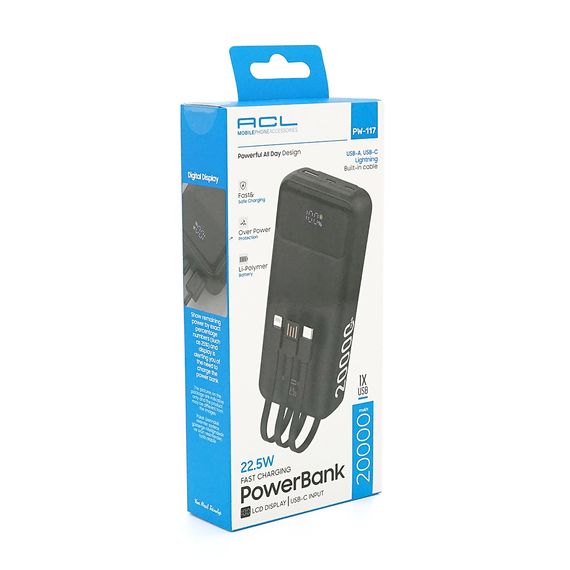 Powerbank ACL PW-117 20000mAh, PD22.5W, 1xUSB+2xUSB-C, 3 кабелі (USBType-C/Lighting), 0.47кг, Black/White, Box | Зображення 1