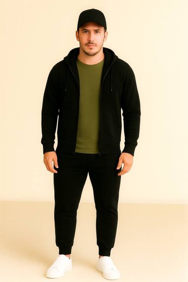 Костюм демісезонний (весна/осінь) з кепкою – худі на блискавці / zip hoodie + штани чорні + футболка хакі