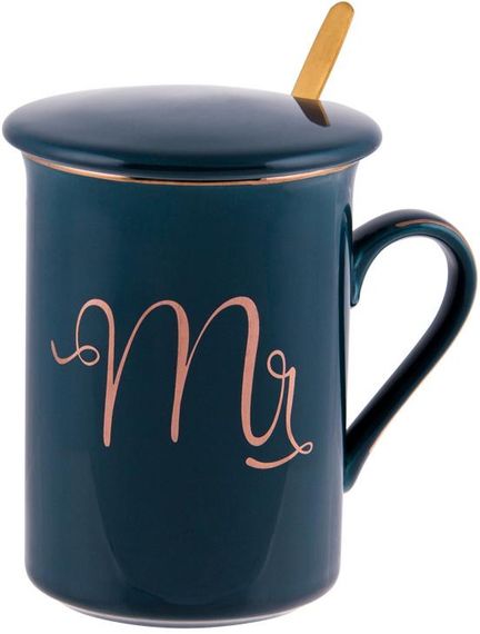 Кружка порцелянова Coffee Prelude "Mr" 380мл з кришкою та ложкою, синя