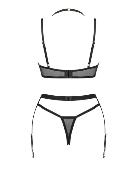 Комплект білизни Obsessive Selinne 3-pcs set XL/2XL Black, бюстгальтер, стрінги пояс для панчіх | Зображення 3