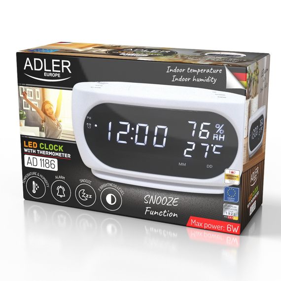 Часы-будильник Adler AD 1186 настольные, электронные, с LED-дисплеем, термометр, гигрометр, белые | Зображення 9