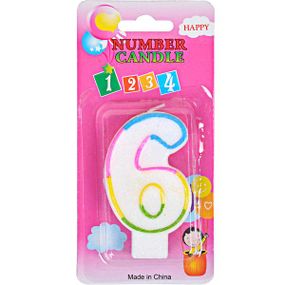 Свечка-цифра в торт "6" 10-115, цветная с блёстками 6см, на блистере