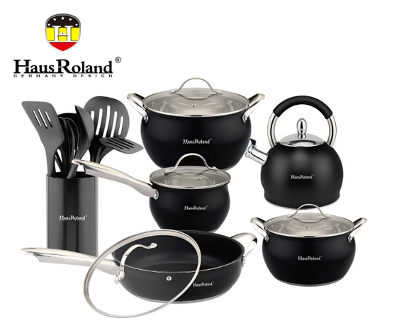 Набір посуду Haus Roland HR126-1, 18 предметів із неіржавкої сталі: каструлі 3,6/6,0 л, ківш 1,9 л, сковорода 2,9 л, чайник 3,0 (