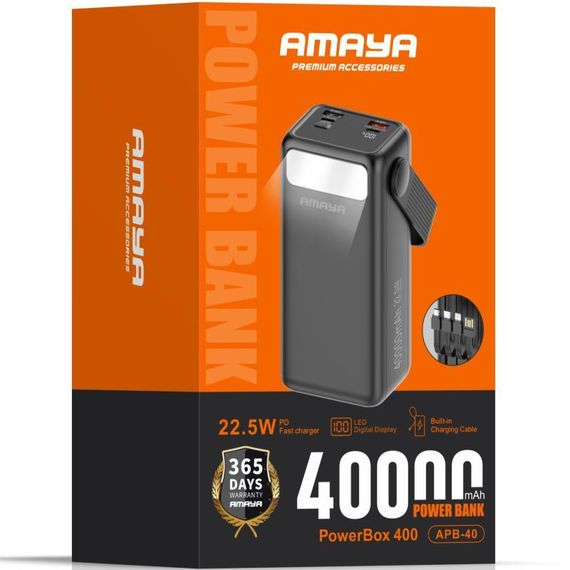 Портативний ЗП Power Bank Amaya APB-40 22.5W flashlight with cable 40000 mAh Black | Зображення 1