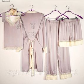 Комплект женский Пижама 6 в 1 атласная  -  Victoria`s Secret Виктория Сикрет  со стразами - размер XL