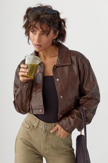 Коротка куртка зі шкірозамінника - темно-коричневий цвет, L (є розміри) | Зображення 4