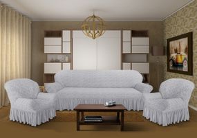 Жакардовий чохол на диван + 2 крісла зі спідницею Світло-сірий