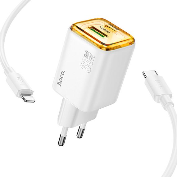 МЗП Hoco N53 Monsoon PD30W+QC3.0 (1USB-A/1C) + кабель Type-C to Lightning White | Зображення 1