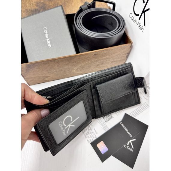 Чоловічий подарунковий набір ремінь і портмоне у дерев'яній коробці Calvin Klein натуральна шкіра | Зображення 1