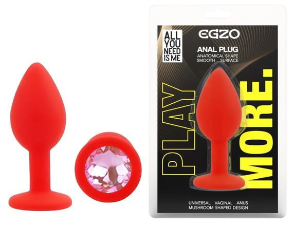Анальна пробка EGZO Silicone Red Round Plug S з рожевим кристалом, медичний силікон Sex Aura