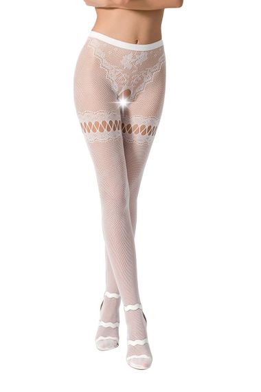 Сітчасті колготки з відкритим доступом Passion S015 One Size, White, імітація панчіх і трусиків Sex Aura