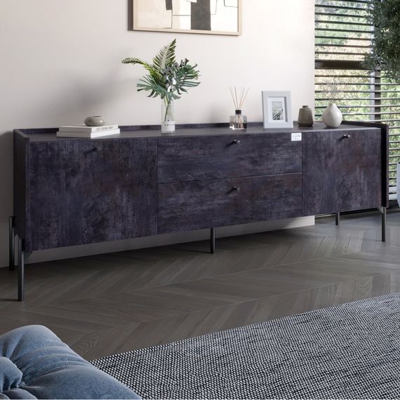 Тумба під телевізор з шухлядами LION Wood з чорними ніжками 180х50х40 см Бетон темний (LION-043124)