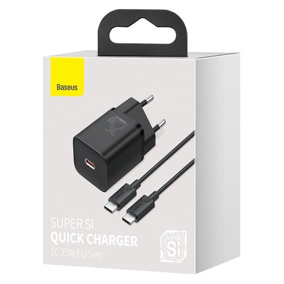 МЗП Baseus Super Si Quick Charger 25W (1USB-C) + кабель Type-C to Type-C (TZCCSUP-L) Чорний | Зображення 1
