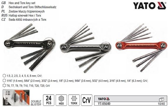 Набир ключив шестигранних YATO Польща HEX H1.5-H8 TORX T6-T25 24 штуки YT-05640