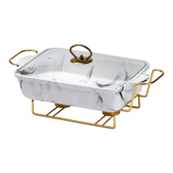 Мармитница настольная фарфоровая 1.5 литра мармит прямоугольный 35х19х11.5 см для вторых блюд Мрамор белый HP1029 | Зображення 3