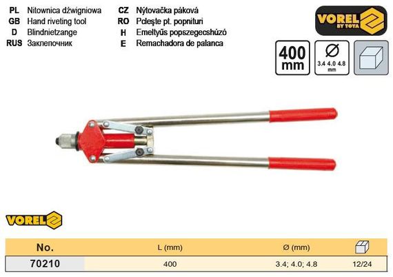 Заклепник Польща заклепочник важільний посилений l=400 мм Ø=3,4/4,0/4,8 VOREL-70210