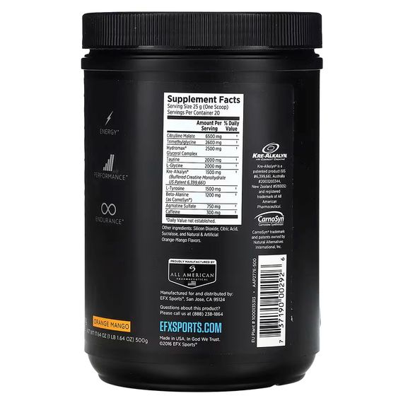 Предтренировочный комплекс EFX Sports Training Ground PRE 500 г, Orange Mango | Зображення 1