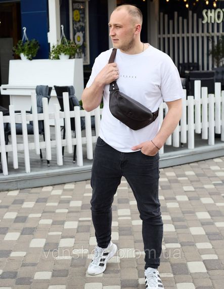 Чоловічий шкіряний рюкзак нагрудний для телефону 14х29х8, сумка бананка для міста та відпочинку 70101 чорна | Зображення 5