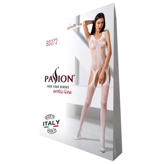 Бодистокинг с имитацией чулок и ажурной вставкой Passion BS072 white | Зображення 4