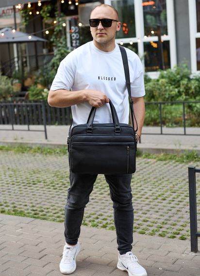 Офісна чоловіча сумка через плече 39х29х10, шкіряний портфель-месенджер для бізнесу, чорний | Зображення 6