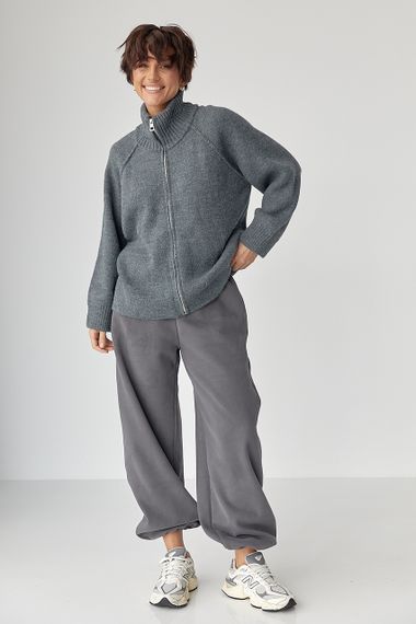 В'язаний кардиган на блискавці вільного фасону - сірий цвет, ONE SIZE (є розміри) | Зображення 2