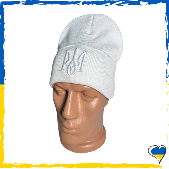 Шапка біла тризуб герб на флісі універсальна, патріотична. Шапка чоловіча, жіноча, підліткова, дитяча