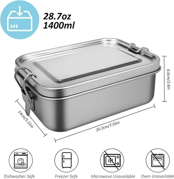 Ланч-бокс з нержавіючої сталі 1400 мл герметичний, з 2 знімними перегородками відділеннями, лоток судок контейнер для роботи школи | Зображення 1