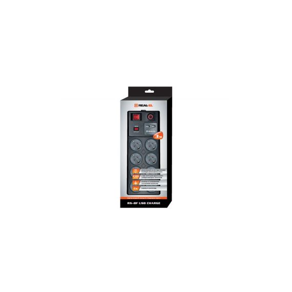 Мережевий фільтр живлення REAL-EL RS-8F USB CHARGE 3m, black (EL122300004) | Зображення 2