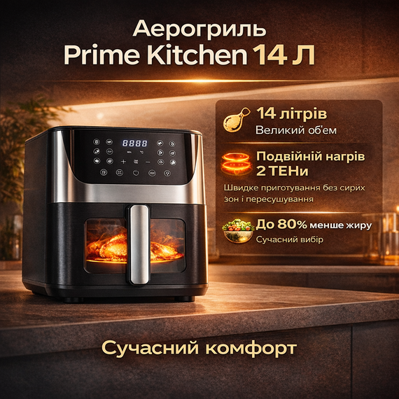 Аерогриль Prime Kitchen AF1012DT, 14 л, з подвійними нагрівальними елементами (2 ТЕНи), сенсорне керування, вікно огляду, 80-200