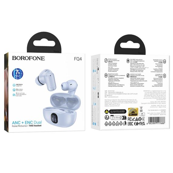 Бездротові навушники BOROFONE FQ4 Lighten true wireless ANC+ENC noise reduction BT headset Blue | Зображення 1