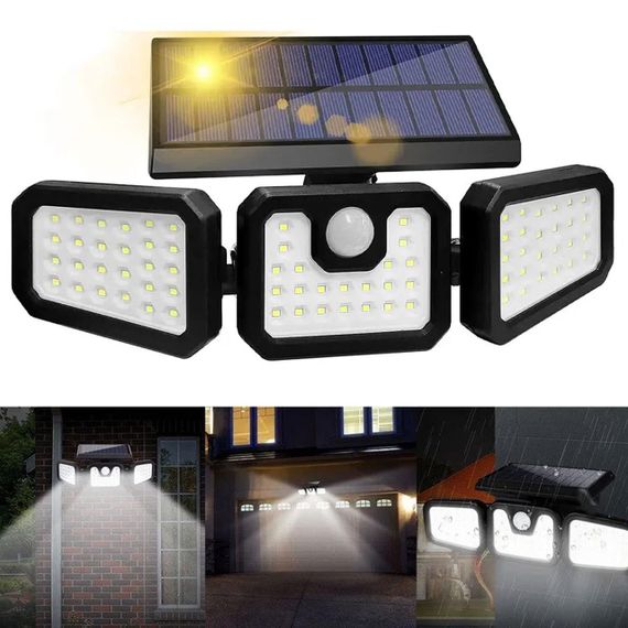 Вуличний ліхтар на сонячній батареї з датчиком руху, 74 LED, FL-1725А / Потрійний настінний світильник