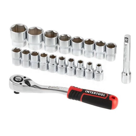 Набір головок STORM 1/2", 8-32 мм, подовжувач, рукоятка з храповим механізмом, 20 од., Cr-V INTERTOOL ET-8016 | Зображення 1