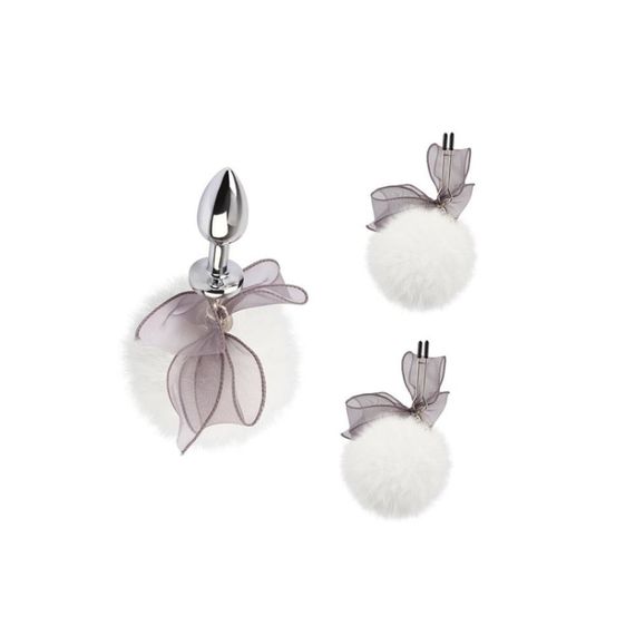 Набір анальна пробка та затискачі для сосків Chisa Senuelo з кульками з хутра та бантами, сріблястий sexstyle | Зображення 1