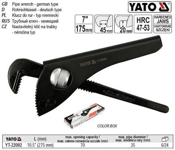 Ключ до труб розвидний 70 мм L=275 мм (10,5") YATO Польща YT-22002
