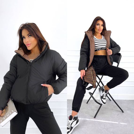 Женская утепленная короткая куртка двухсторонняя HV622 цвет мокко + черный, размер 46/48 | Зображення 2