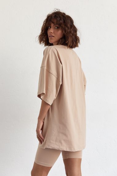 Женский костюм с футболкой oversize и велосипедками - кофейный цвет, L (есть размеры) | Зображення 1