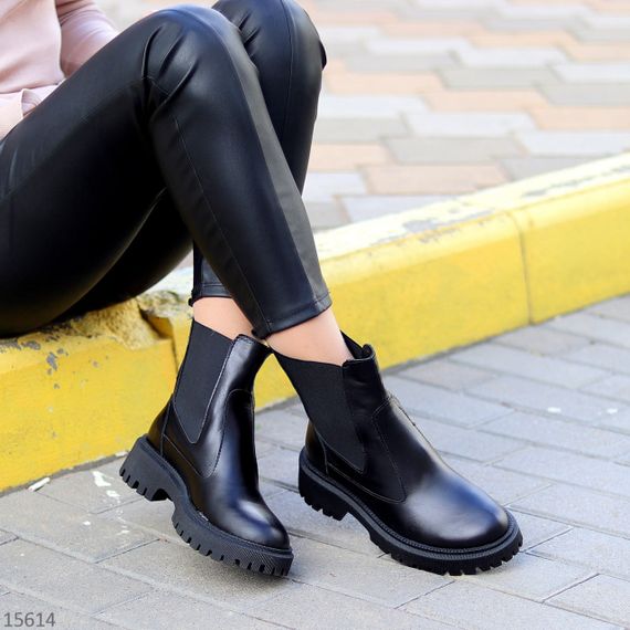 Стильні чорні шкіряні зимові чолсі черевики низький хід | Зображення 4