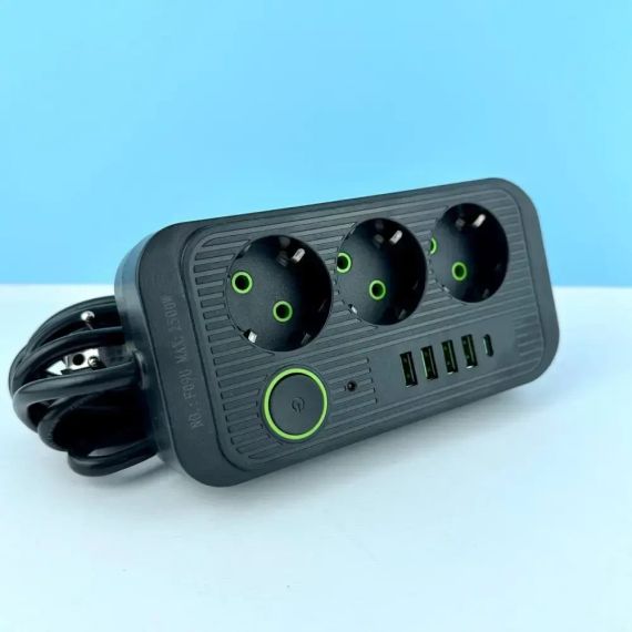 Сетевой фильтр питания UA Power Socket F09U 3 розетки +4USB +Type-C Port 2m, сетевой удлинитель розеток